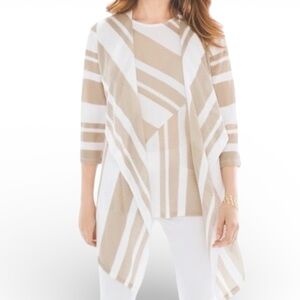 Chico’s Travelers Mesh White Tan Chevron Stripe Cardigan Size XL (3) Waterfall